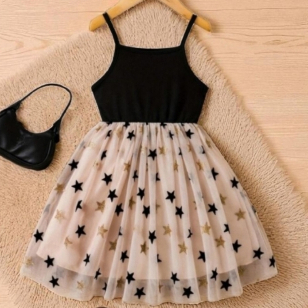 Young Girls Summer Embroidered Starry Mesh Tutu‎ Dress with Spaghetti Straps